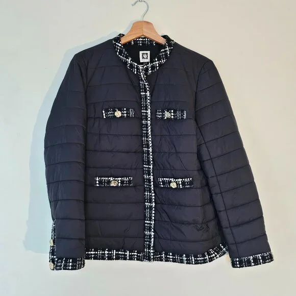 Anne Klein Quilted Puffer Jacket with Tweed Trim – Black (Size M) - Picture 4 of 8